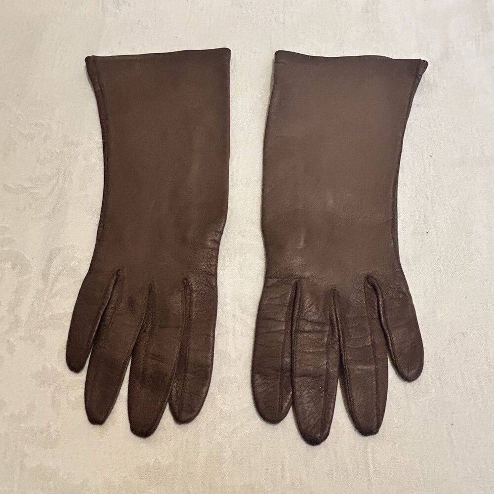 Vtg Mid-Century Women's Brown Leather Dress Gloves Sz 6 Silk Lined Italy WPL9823